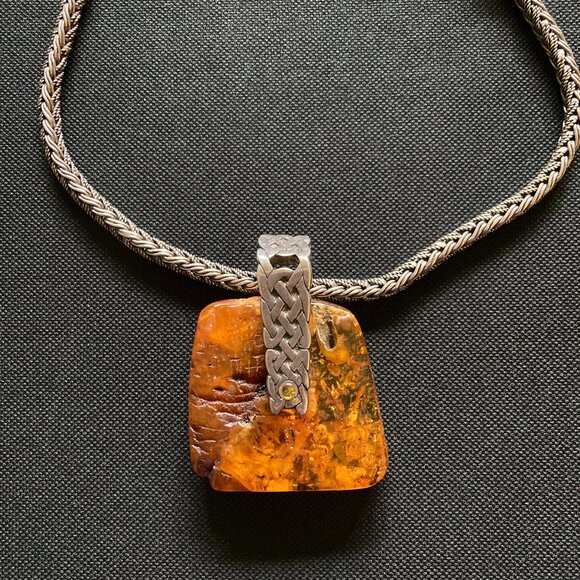 Vintage Sterling Silver Baltic Amber Necklace
